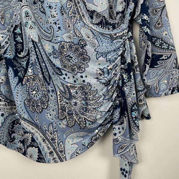 y2k Brittany Black Bedazzled Paisley Wrap Top Size L Blue Hippie Retro Stretchy - Picture 3 of 12